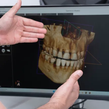 friendly image of a dental evaluation in progress.